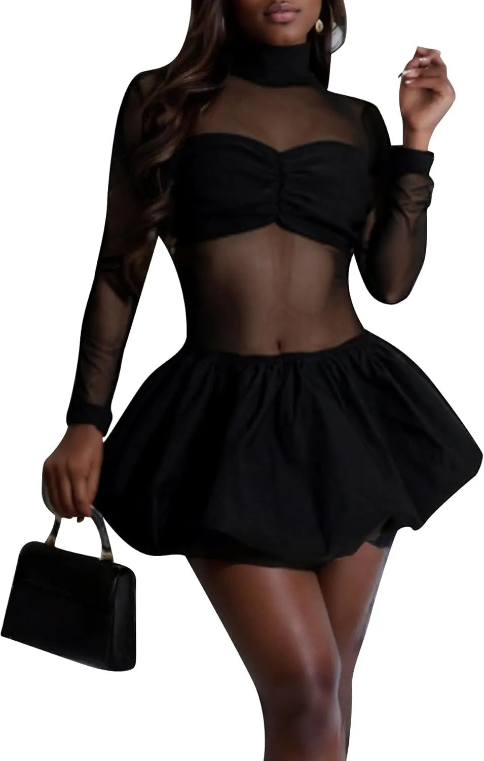 Voghtic Women's Sexy Sheer Mesh Bubble Mini Dress Mock Neck Puffy Short Party Dresses Clubwear