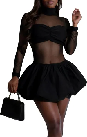 Voghtic Women's Sexy Sheer Mesh Bubble Mini Dress Mock Neck Puffy Short Party Dresses Clubwear