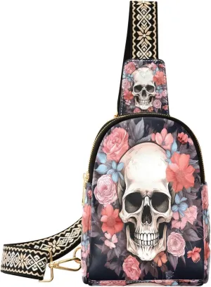 Watercolor Skull Flowers Black Sling Bag for Women Leather Crossbody Bag with Adjustable Strap Belt Bag Fanny Packs