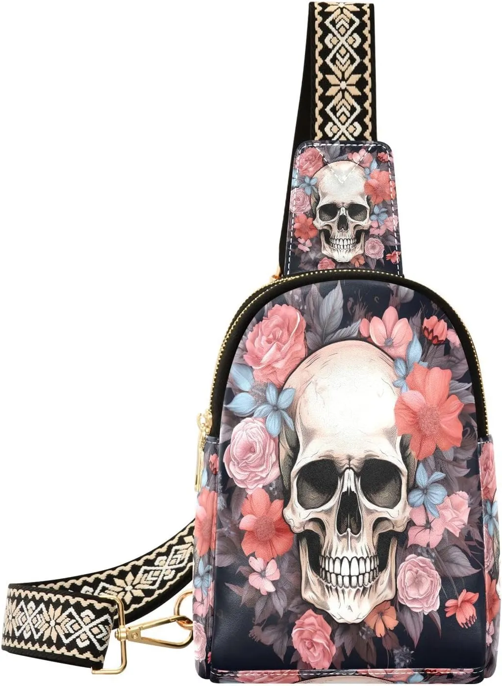 Watercolor Skull Flowers Black Sling Bag for Women Leather Crossbody Bag with Adjustable Strap Belt Bag Fanny Packs