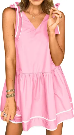 Wenrine Womens Summer V Neck Mini Dress Tie Shoulder Sleeveless Contrast Loose Casual Beach Dresses