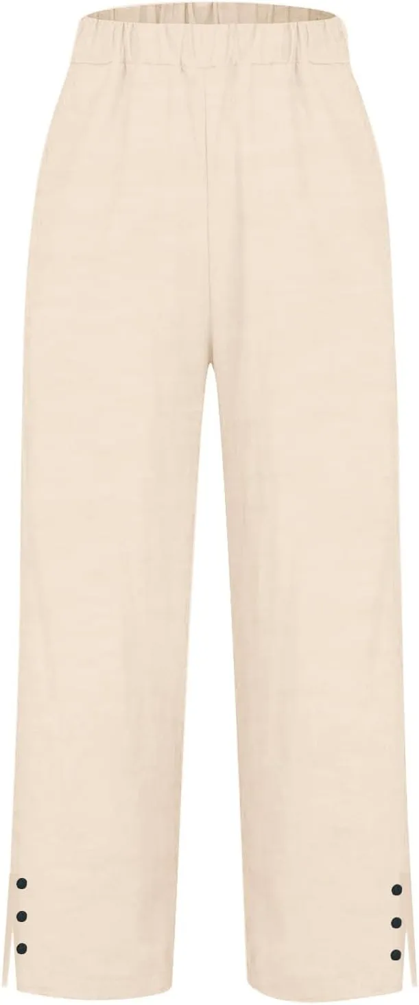Wide Leg Pants Woman Solid Elastic Pants Long Drawstring Linen Women Waist Cotton Casual Womens Business Casual