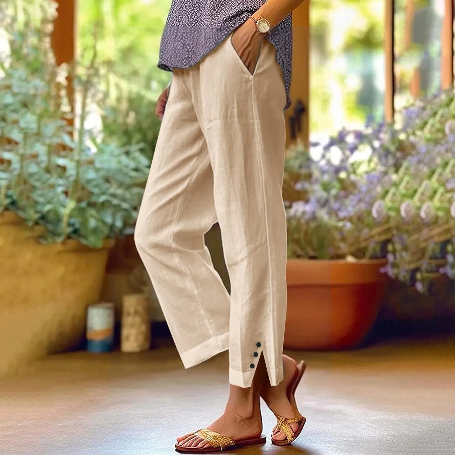 Wide Leg Pants Woman Solid Elastic Pants Long Drawstring Linen Women Waist Cotton Casual Womens Business Casual