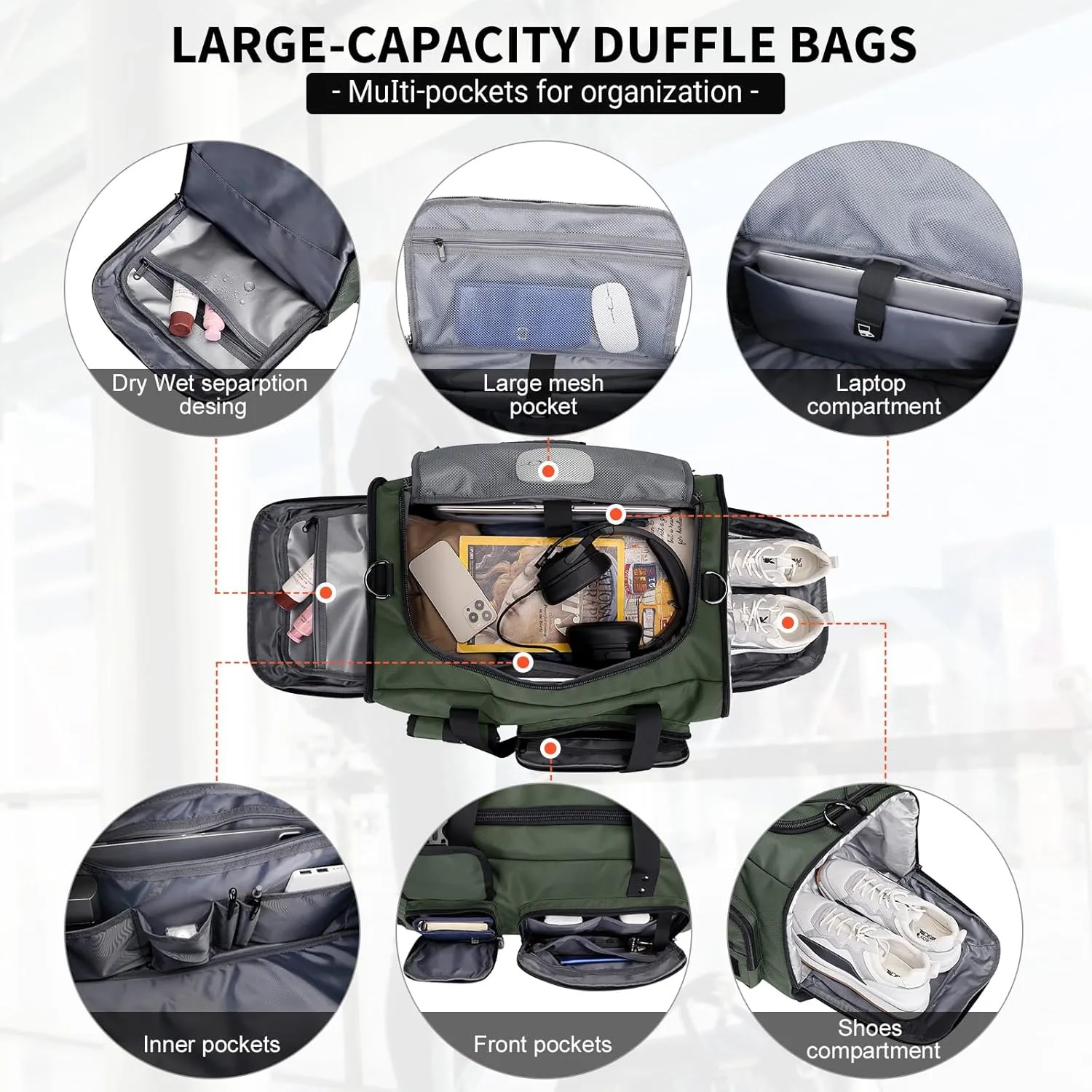 WITZMAN Travel Duffel Bags for Men Large Carry On Weekender Overnight Bag 3 in 1 Backpack with Shoe Compartment (B693 Army Green
