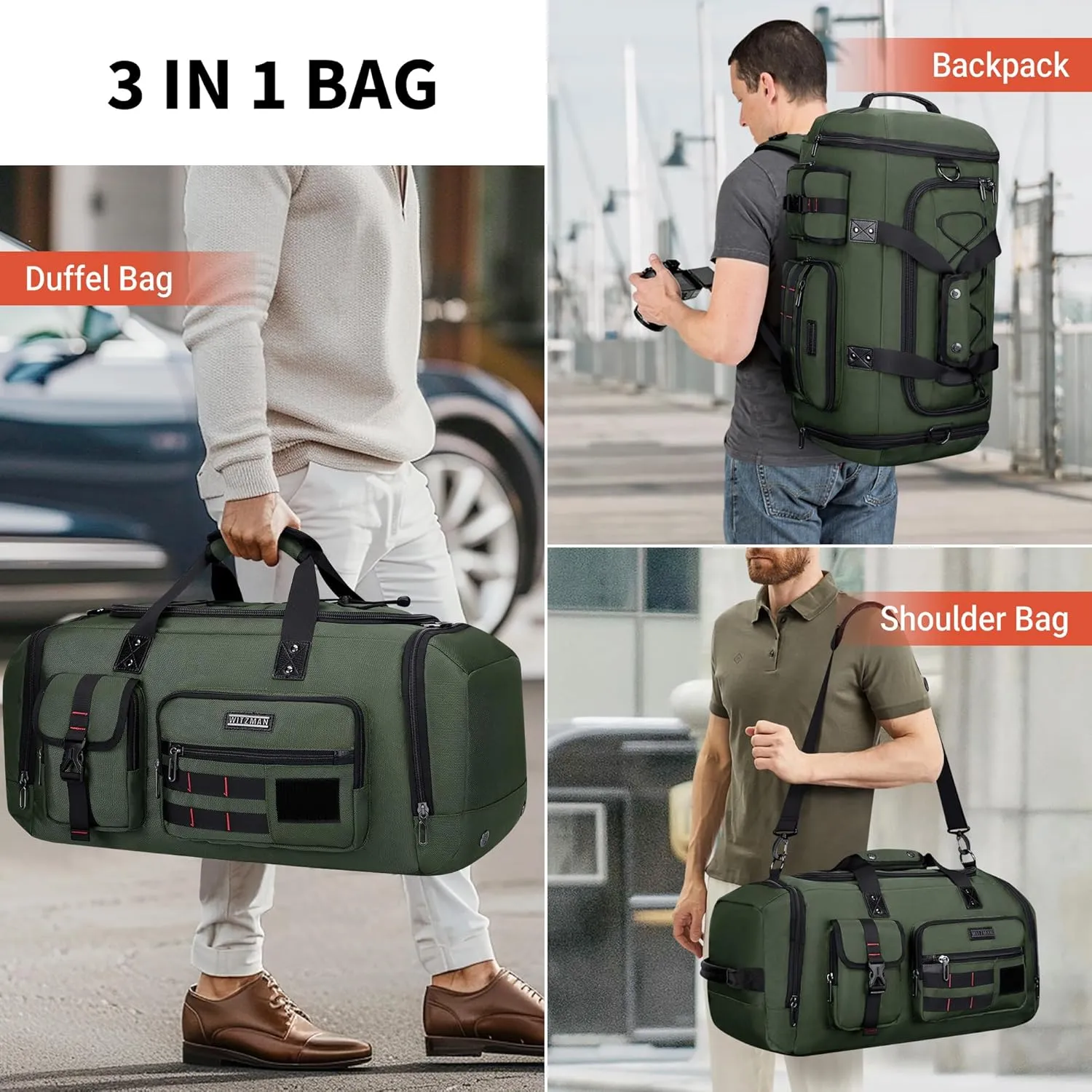 WITZMAN Travel Duffel Bags for Men Large Carry On Weekender Overnight Bag 3 in 1 Backpack with Shoe Compartment (B693 Army Green