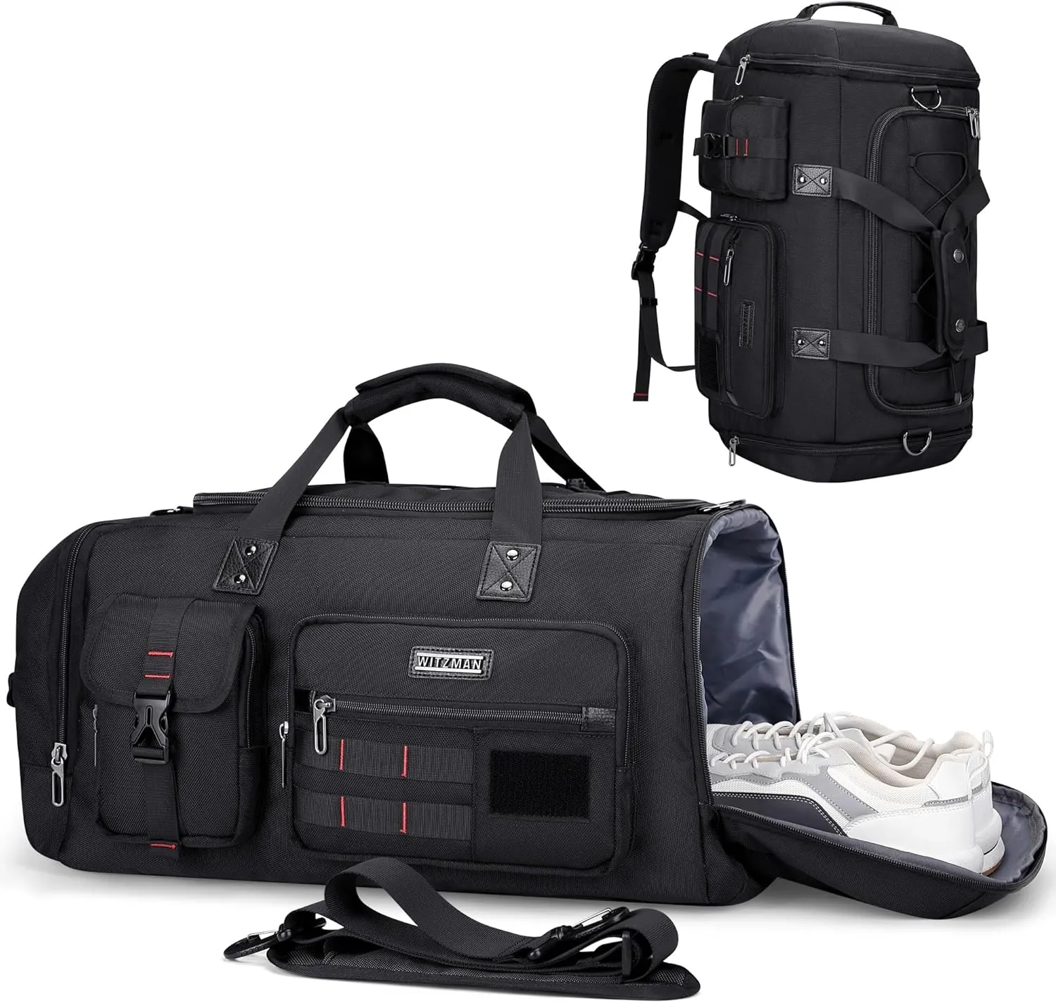 WITZMAN Travel Duffel Bags for Men Large Carry On Weekender Overnight Bag 3 in 1 Backpack with Shoe Compartment B693 Black