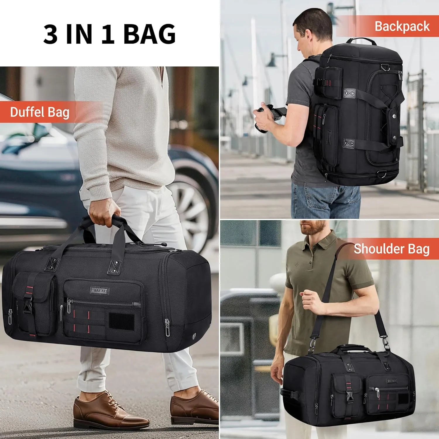 WITZMAN Travel Duffel Bags for Men Large Carry On Weekender Overnight Bag 3 in 1 Backpack with Shoe Compartment B693 Black