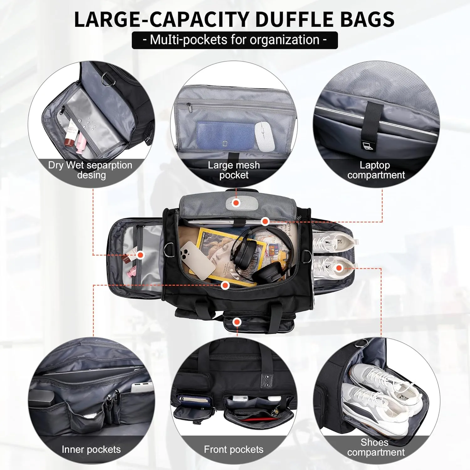 WITZMAN Travel Duffel Bags for Men Large Carry On Weekender Overnight Bag 3 in 1 Backpack with Shoe Compartment B693 Black