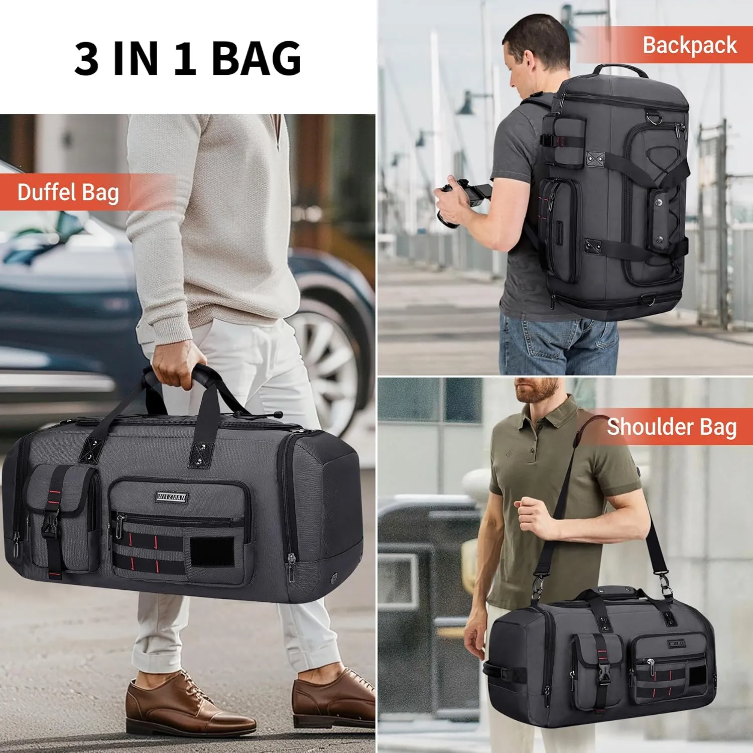 WITZMAN Travel Duffel Bags for Men Large Carry On Weekender Overnight Bag 3 in 1 Backpack with Shoe Compartment B693 Silvery Grey)