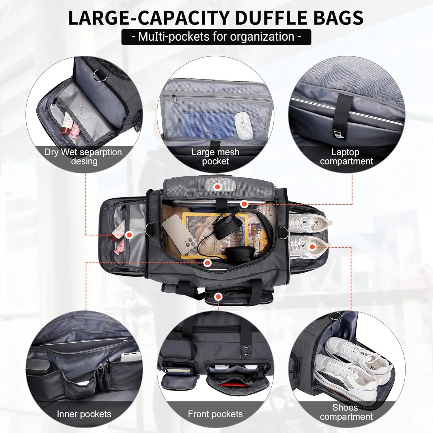WITZMAN Travel Duffel Bags for Men Large Carry On Weekender Overnight Bag 3 in 1 Backpack with Shoe Compartment B693 Silvery Grey)