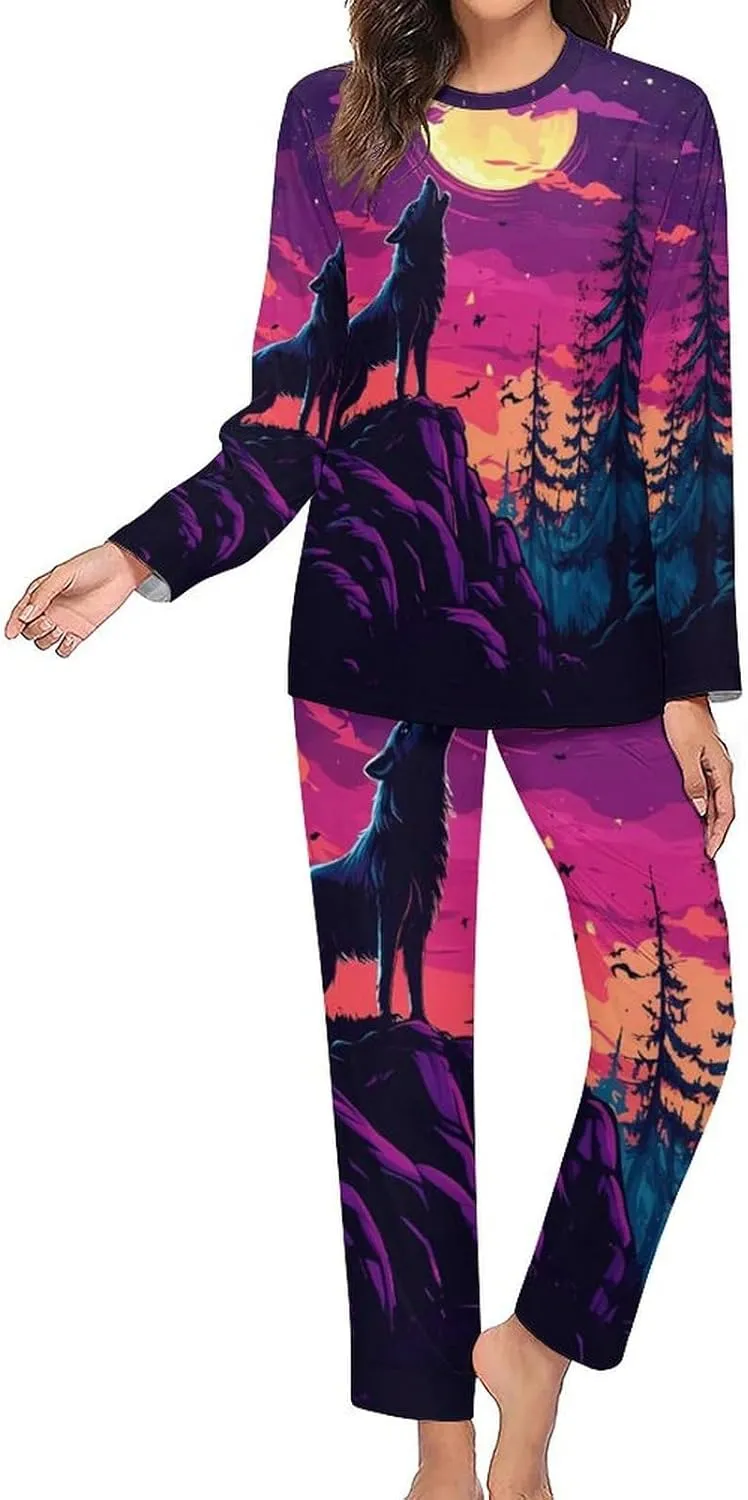 Wolf Howling At The Moon Women's Pajama Set Long Sleeve T-shirts Top & Pant Comfort Sleepwear Loungewear