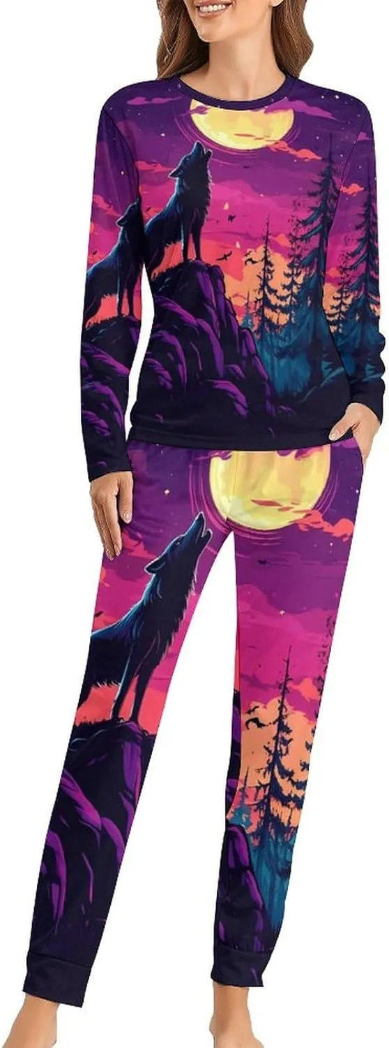 Wolf Howling At The Moon Women's Pajama Set Long Sleeve T-shirts Top & Pant Comfort Sleepwear Loungewear