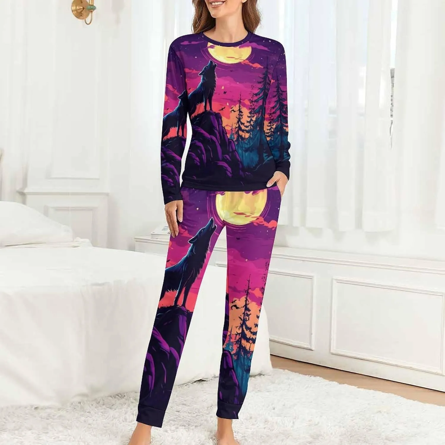 Wolf Howling At The Moon Women's Pajama Set Long Sleeve T-shirts Top & Pant Comfort Sleepwear Loungewear