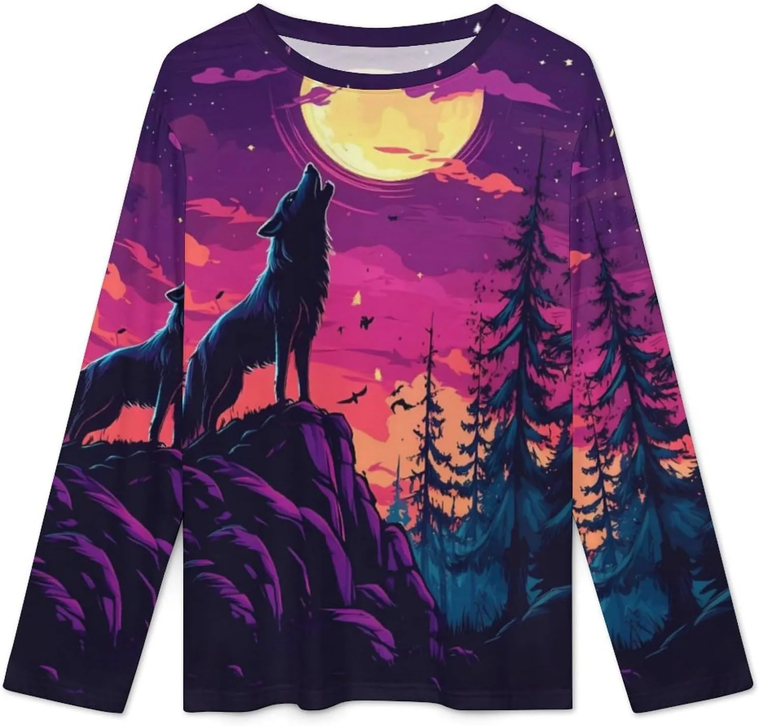 Wolf Howling At The Moon Women's Pajama Set Long Sleeve T-shirts Top & Pant Comfort Sleepwear Loungewear