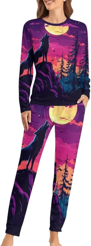 Wolf Howling At The Moon Women's Pajama Set Long Sleeve T-shirts Top & Pant Comfort Sleepwear Loungewear