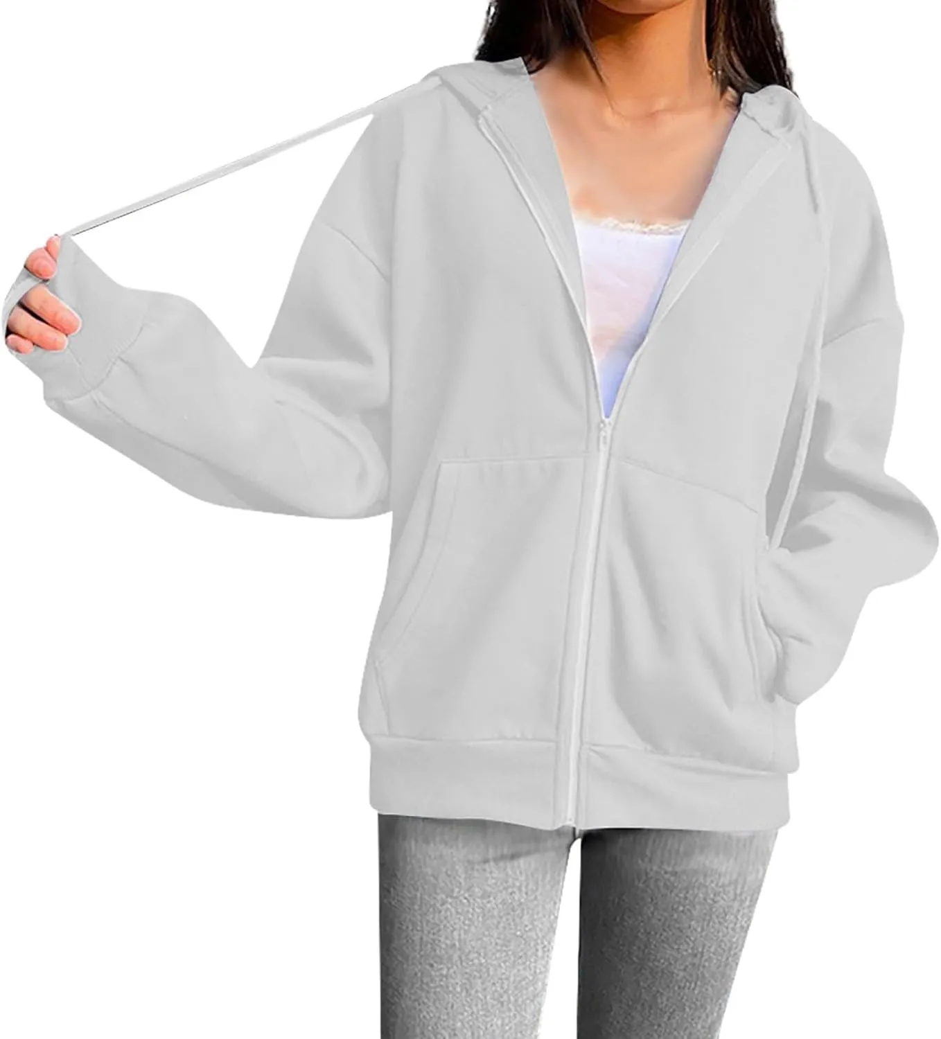Women Casual Full Zip Up Hoodie Comfy Loose Long Sleeve Sweatshirt Solid Color Drawstring Jacket with Pockets