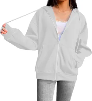 Women Casual Full Zip Up Hoodie Comfy Loose Long Sleeve Sweatshirt Solid Color Drawstring Jacket with Pockets