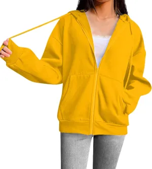 Women Casual Full Zip Up Hoodie Comfy Loose Long Sleeve Sweatshirt Solid Color Drawstring Jacket with Pockets