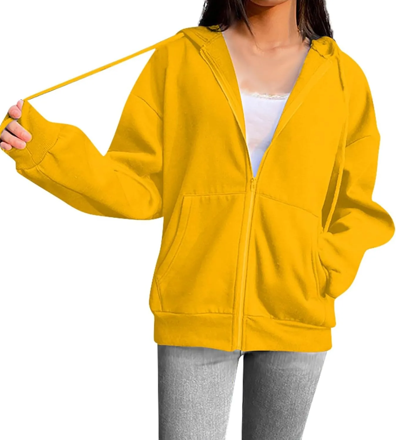 Women Casual Full Zip Up Hoodie Comfy Loose Long Sleeve Sweatshirt Solid Color Drawstring Jacket with Pockets
