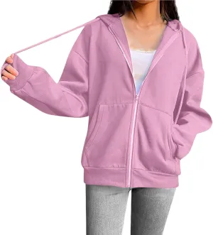 Women Casual Full Zip Up Hoodie Comfy Loose Long Sleeve Sweatshirt Solid Color Drawstring Jacket with Pockets