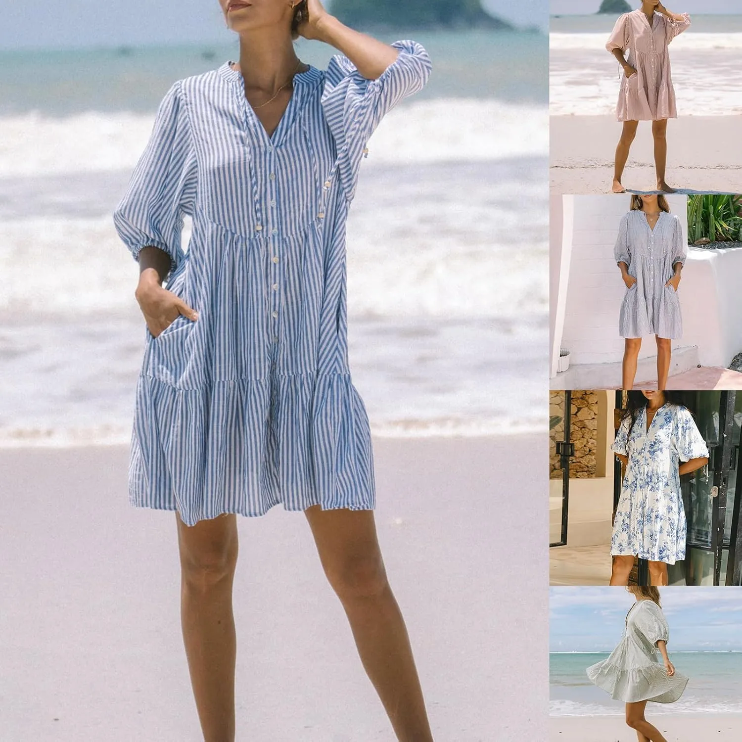 Women Casual Puff Sleeve Mini Dress Stripe/Floral Print Buttons Tie-Up Front Ruffle Mini Dress Fashion Summer Shirt Dress