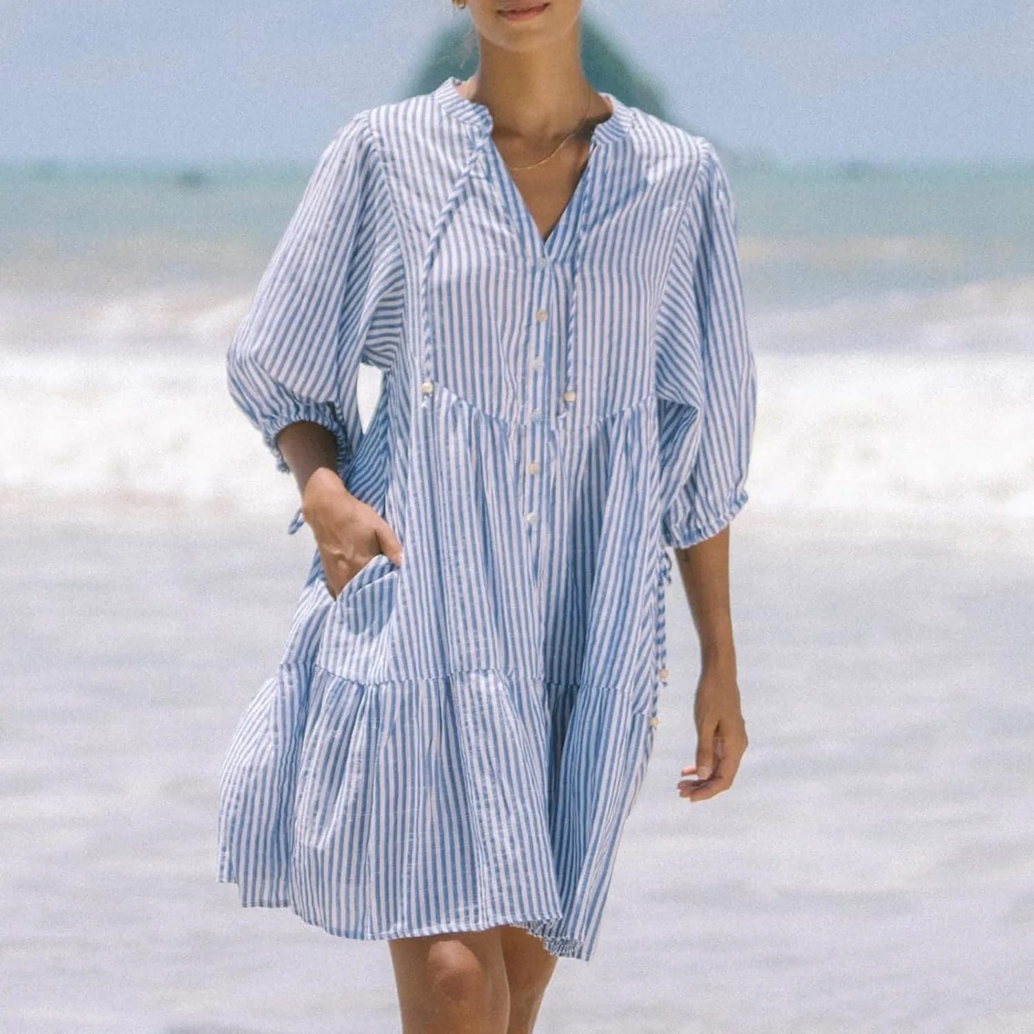 Women Casual Puff Sleeve Mini Dress Stripe/Floral Print Buttons Tie-Up Front Ruffle Mini Dress Fashion Summer Shirt Dress