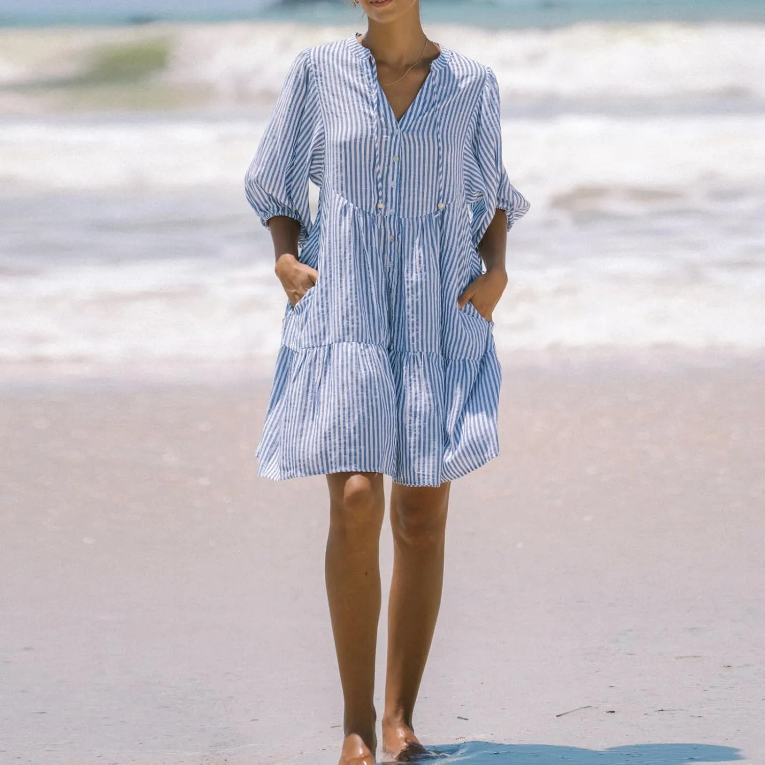Women Casual Puff Sleeve Mini Dress Stripe/Floral Print Buttons Tie-Up Front Ruffle Mini Dress Fashion Summer Shirt Dress