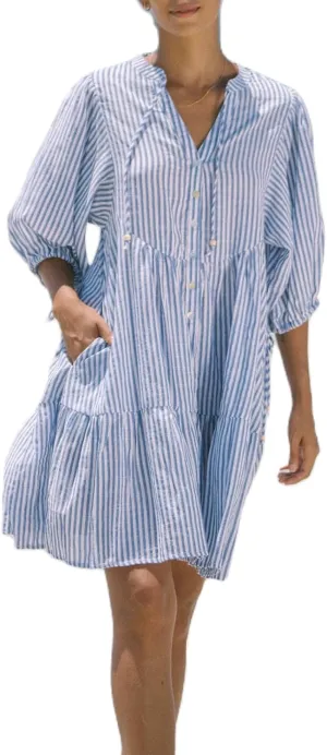 Women Casual Puff Sleeve Mini Dress Stripe/Floral Print Buttons Tie-Up Front Ruffle Mini Dress Fashion Summer Shirt Dress