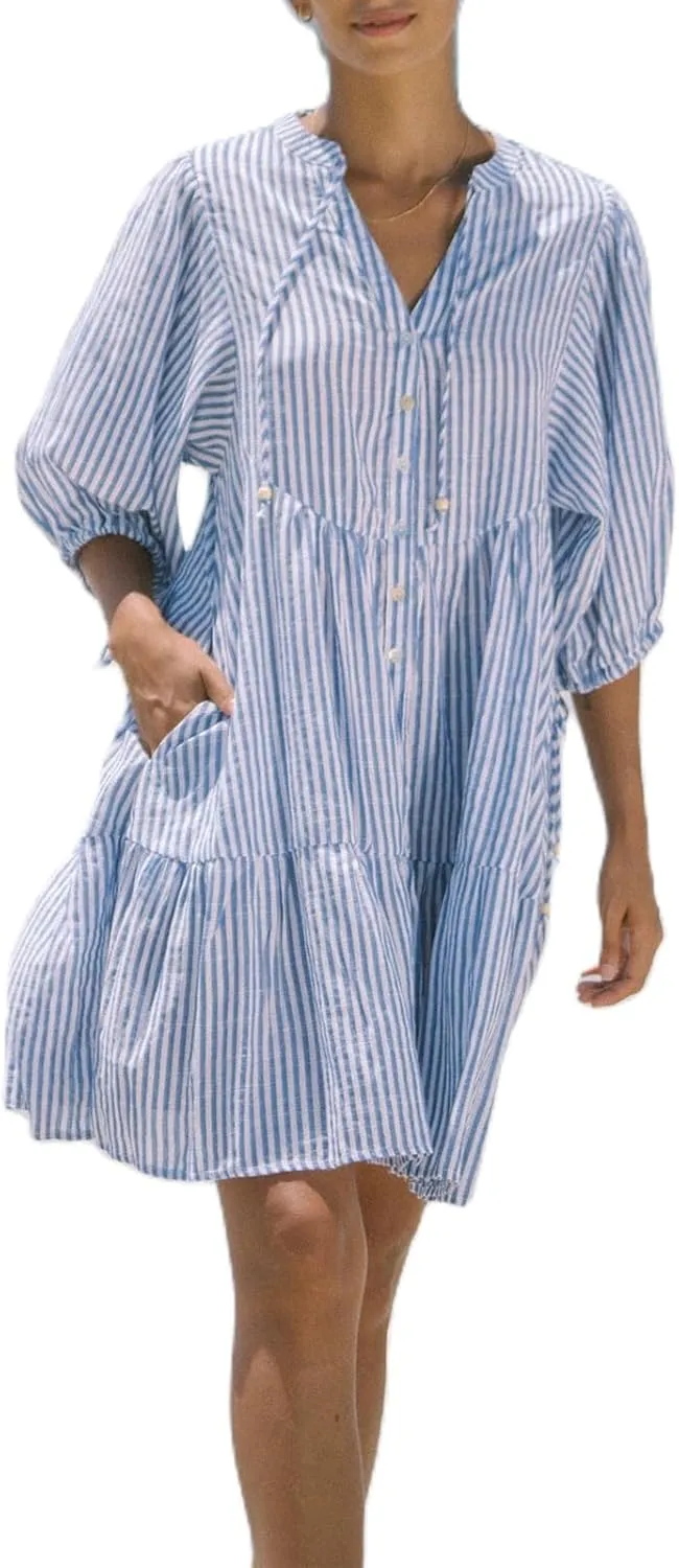 Women Casual Puff Sleeve Mini Dress Stripe/Floral Print Buttons Tie-Up Front Ruffle Mini Dress Fashion Summer Shirt Dress