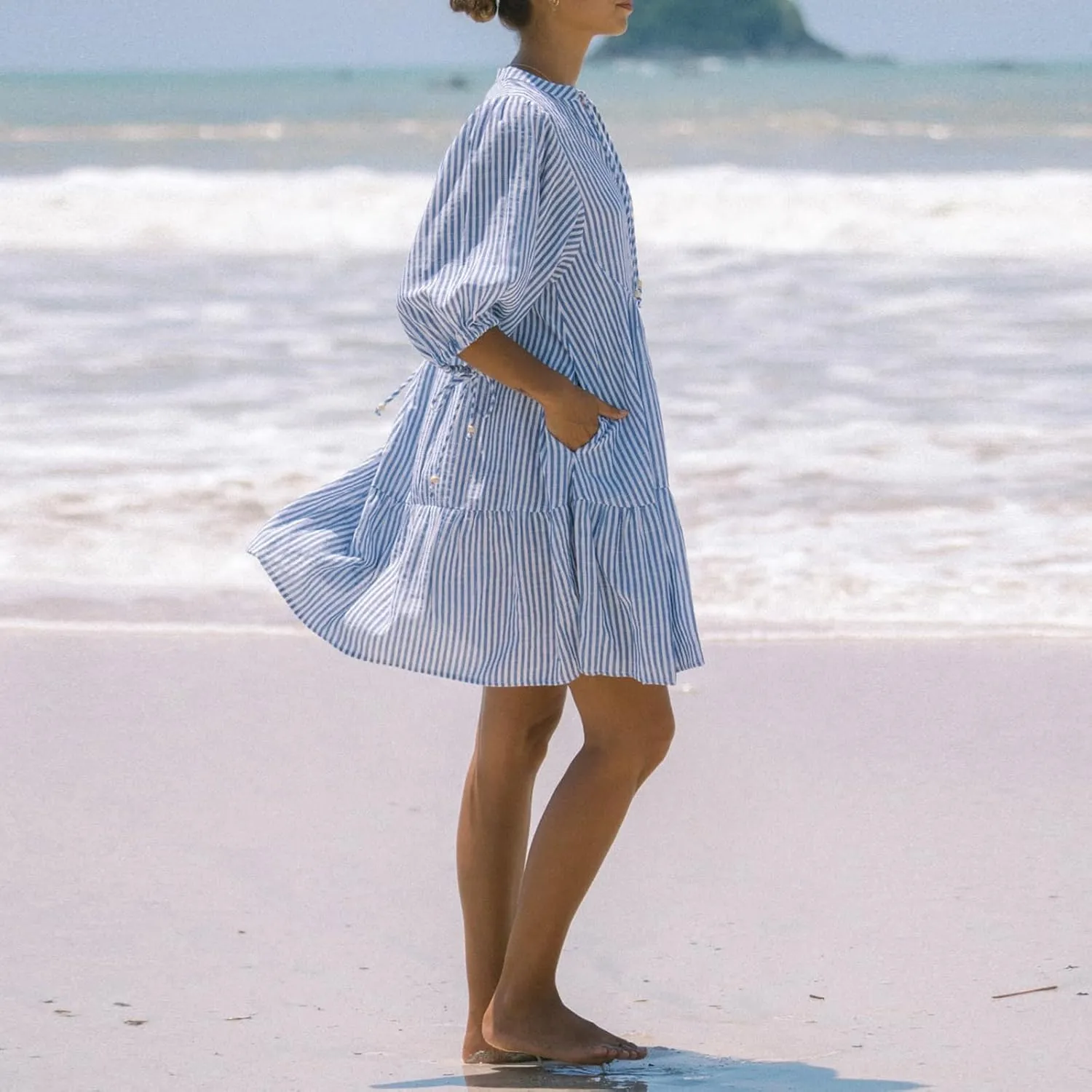 Women Casual Puff Sleeve Mini Dress Stripe/Floral Print Buttons Tie-Up Front Ruffle Mini Dress Fashion Summer Shirt Dress