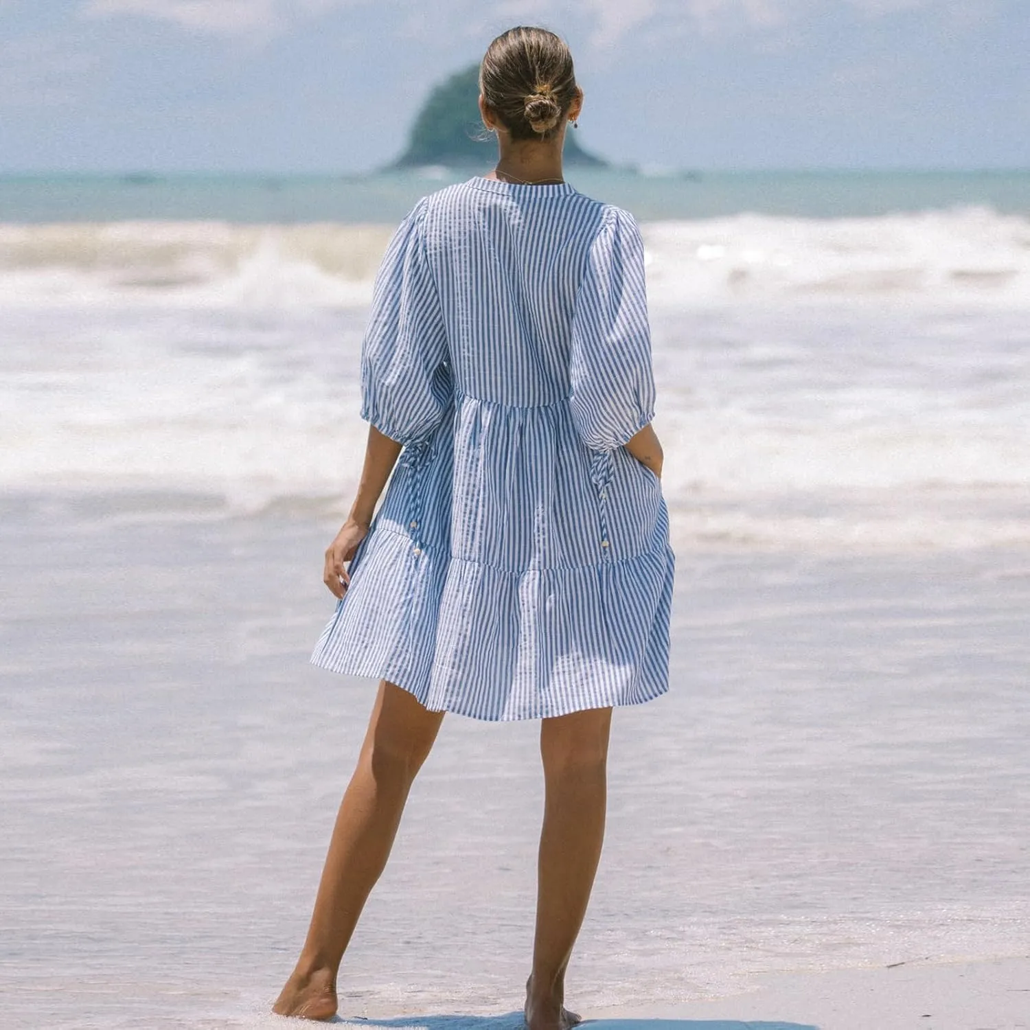 Women Casual Puff Sleeve Mini Dress Stripe/Floral Print Buttons Tie-Up Front Ruffle Mini Dress Fashion Summer Shirt Dress
