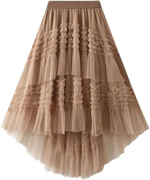 Women Elastic High Waist Patchwork Mesh Skirt Tiered Tulle Tutu Skirts Spring-Autumn Petticoat Pleated Skirt