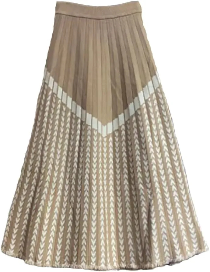 Women High Waist Knitted Midi Skirt Black Gray Beige A-Line Vintage Print Pleated Skirt