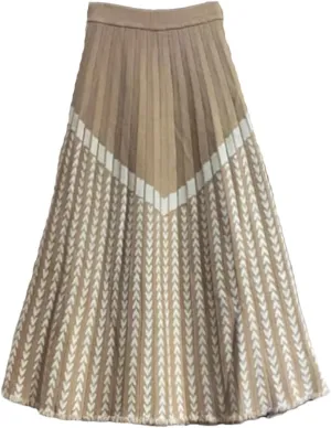 Women High Waist Knitted Midi Skirt Black Gray Beige A-Line Vintage Print Pleated Skirt