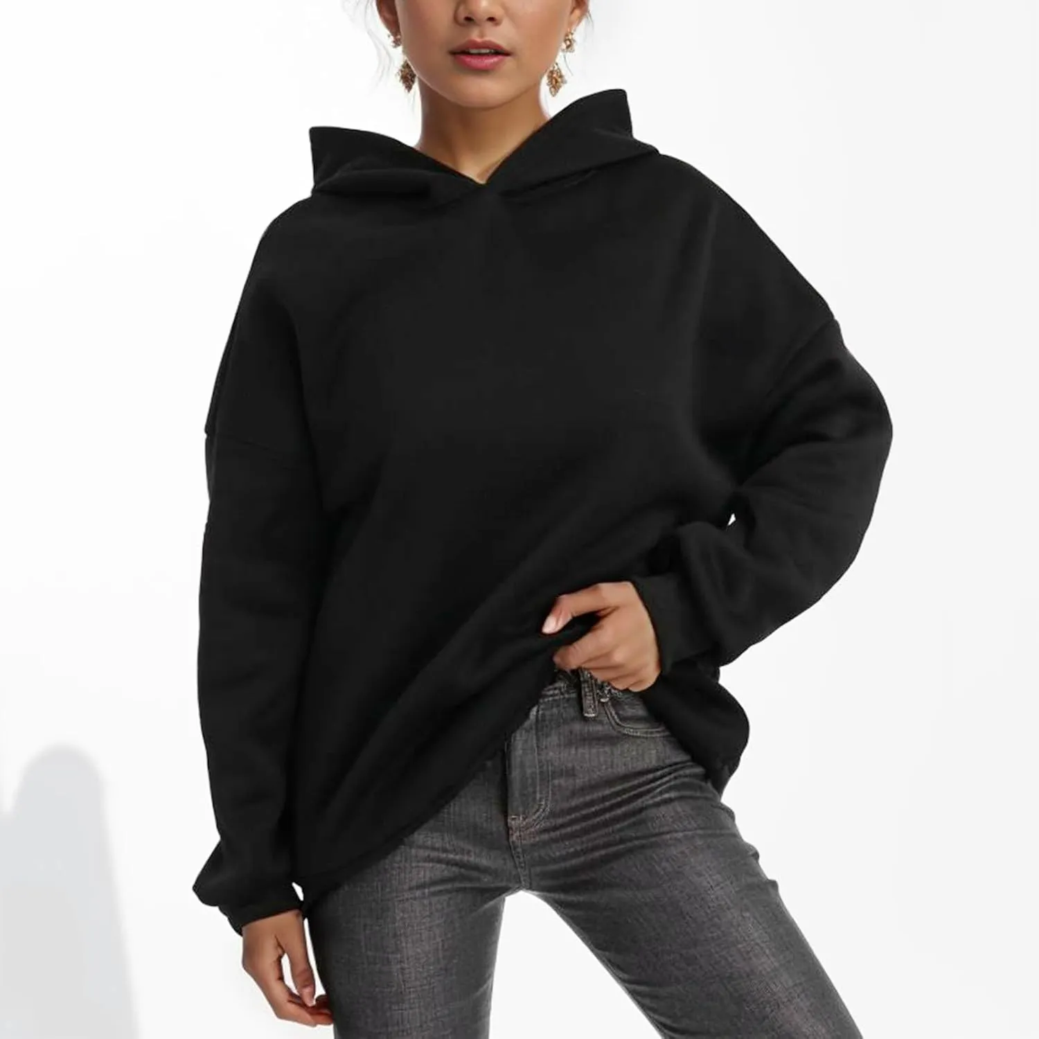 Women Hoodies Sweatshirts Trendy Oversized Hooded Sweater Solid Raglan Sleeve Pockets Pullover Loose Y2K Workout Tops