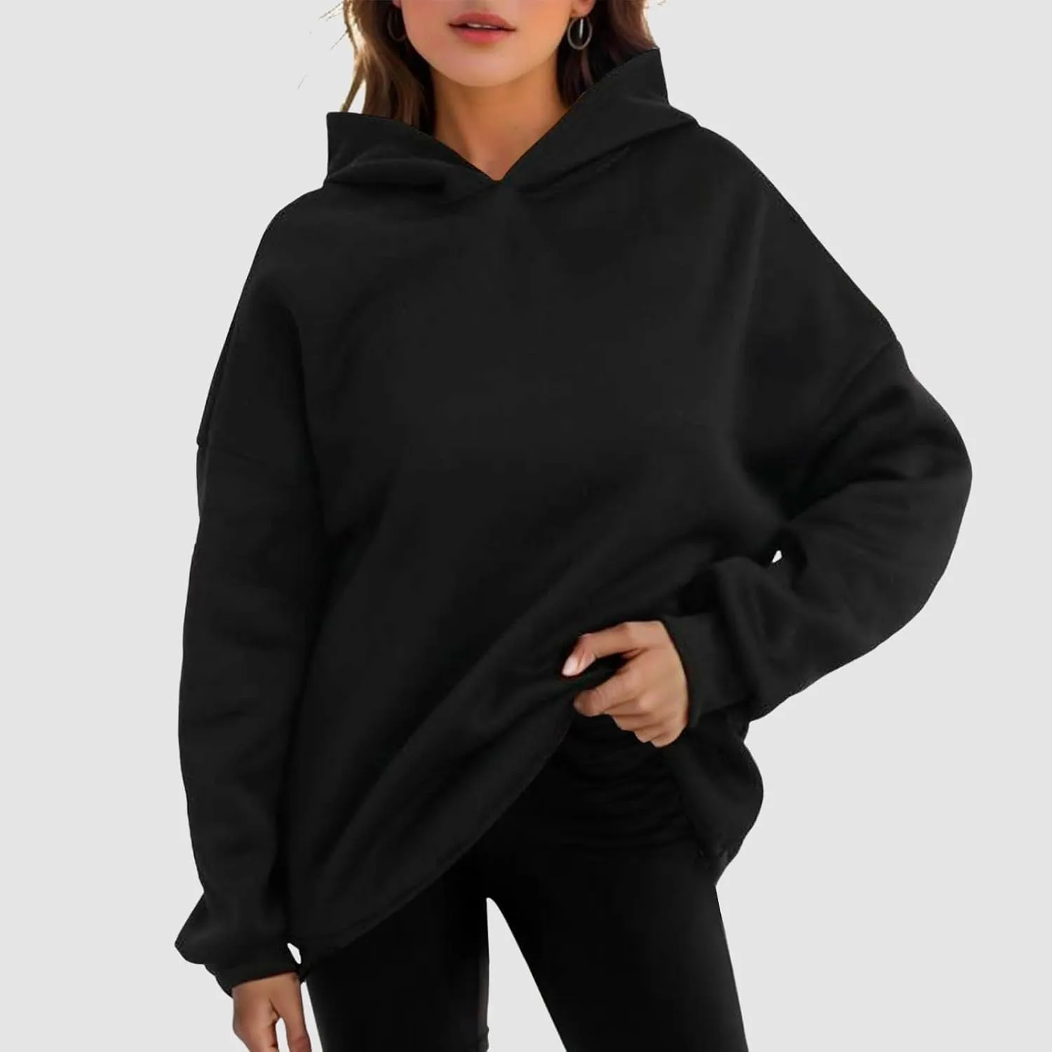 Women Hoodies Sweatshirts Trendy Oversized Hooded Sweater Solid Raglan Sleeve Pockets Pullover Loose Y2K Workout Tops