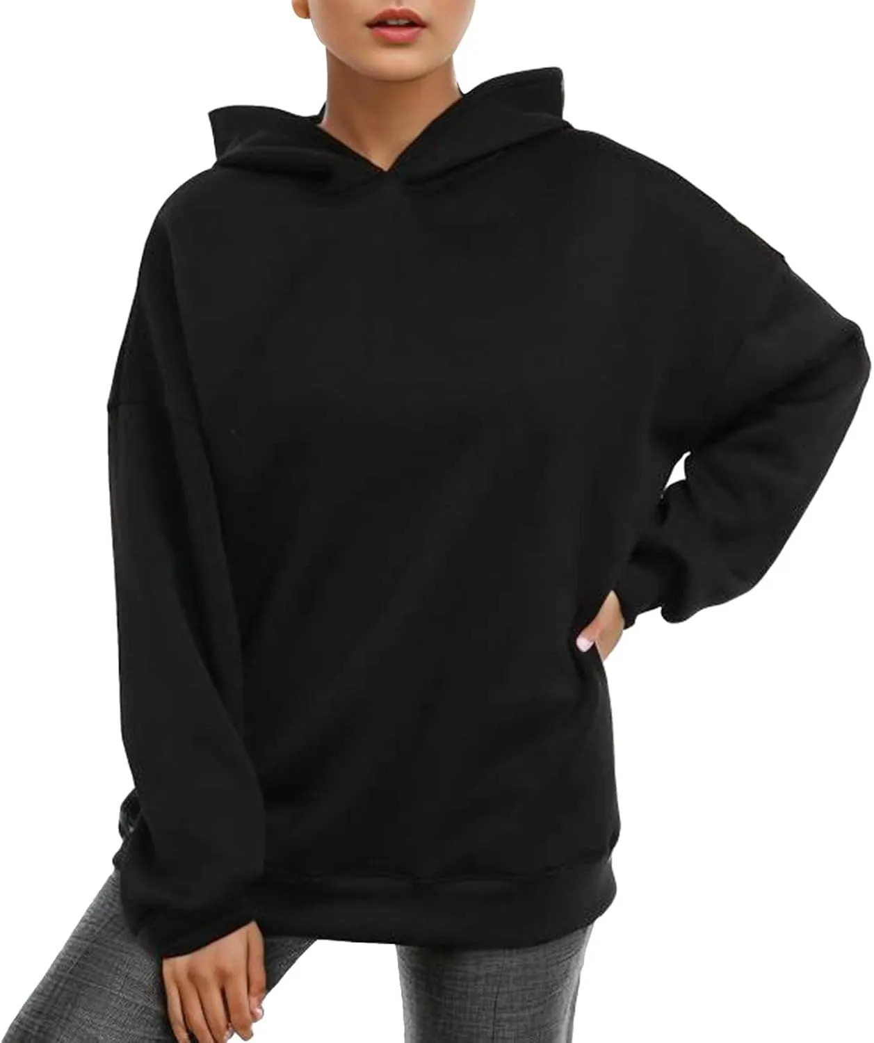 Women Hoodies Sweatshirts Trendy Oversized Hooded Sweater Solid Raglan Sleeve Pockets Pullover Loose Y2K Workout Tops