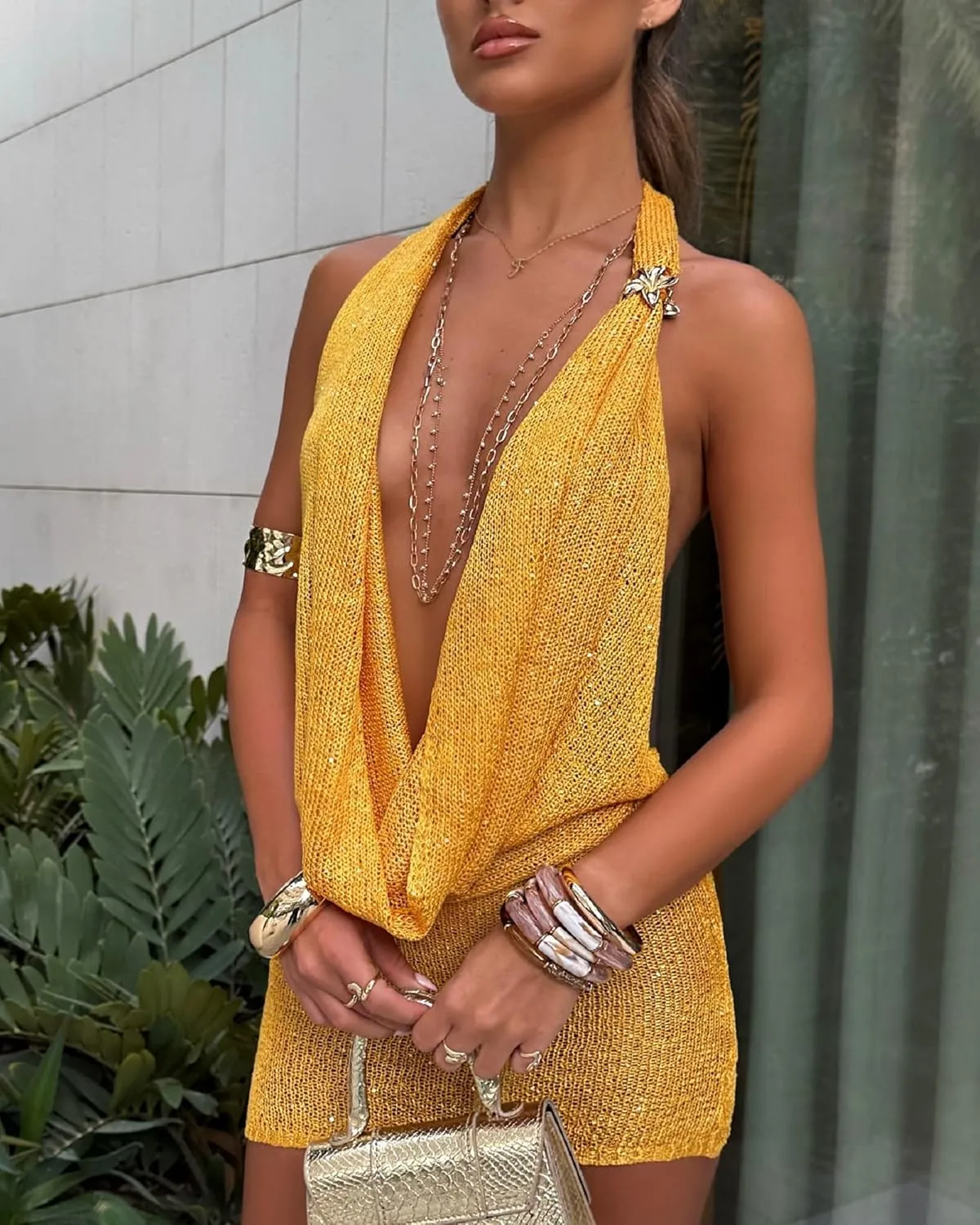 Women Knitted Halter Mini Dress Boho Hollow Out Bodycon Backless Dress Sexy Crochet Short Dresses Summer Clubwear