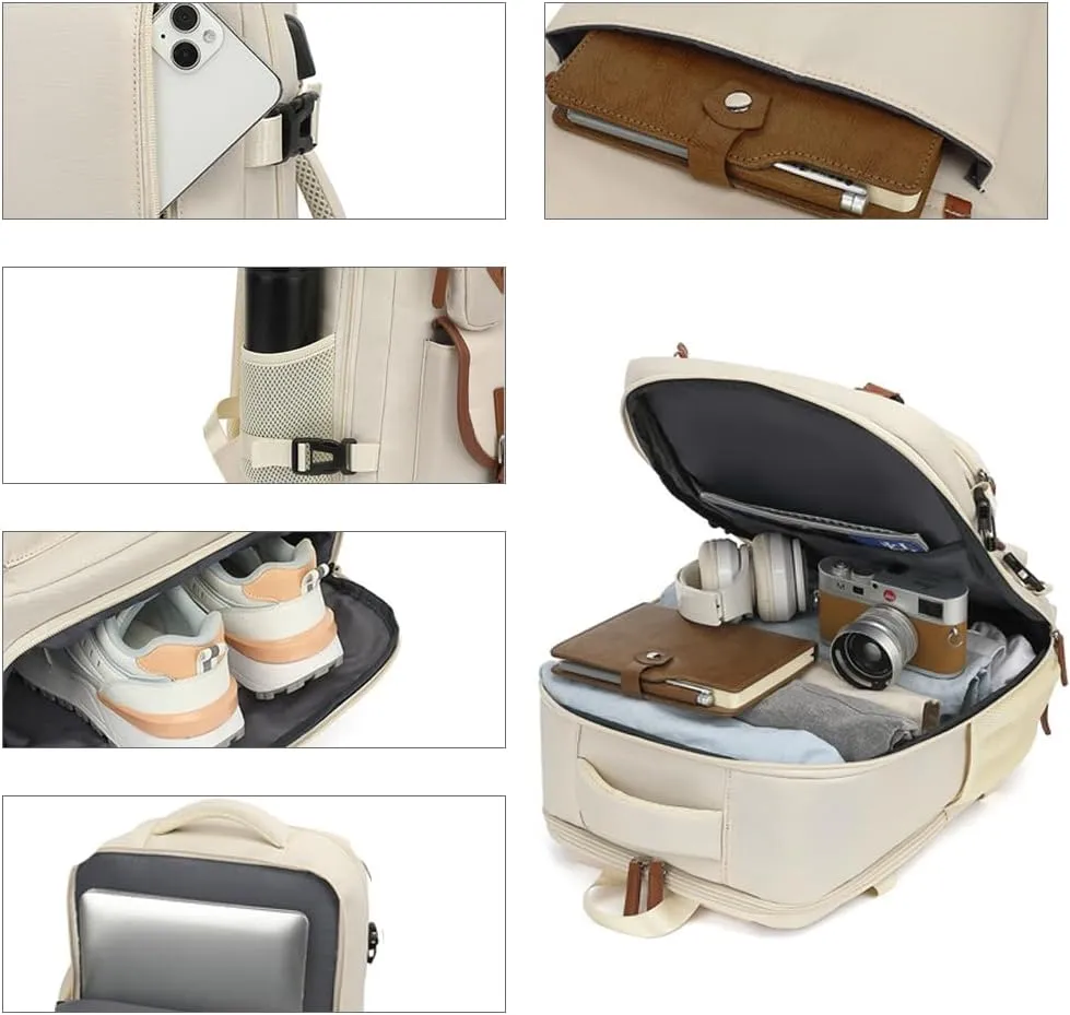 Women Travel Carry on Anti-Theft Pocket Laptop Backpack Casual Daypack ookbag with USB Charger Port Computer Bag (Beige)