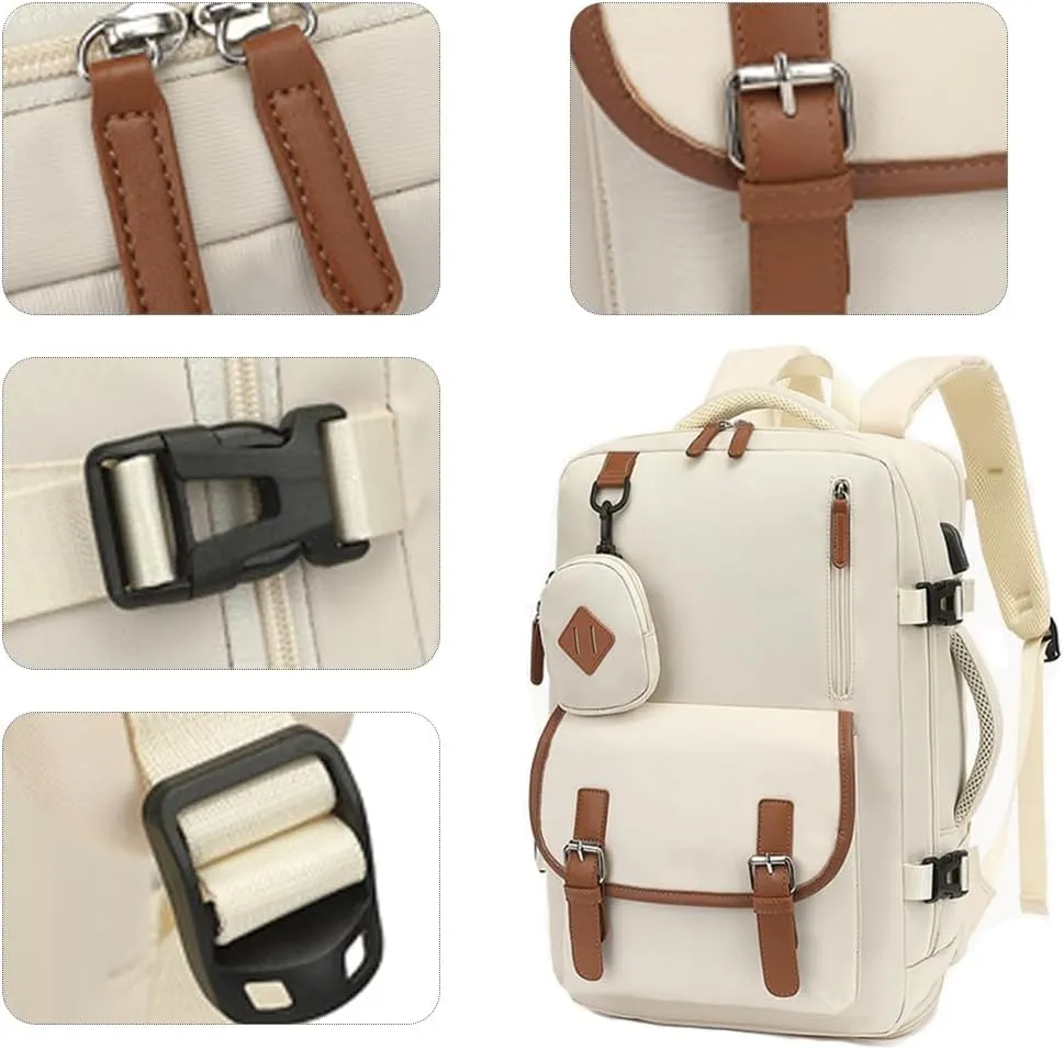 Women Travel Carry on Anti-Theft Pocket Laptop Backpack Casual Daypack ookbag with USB Charger Port Computer Bag (Beige)