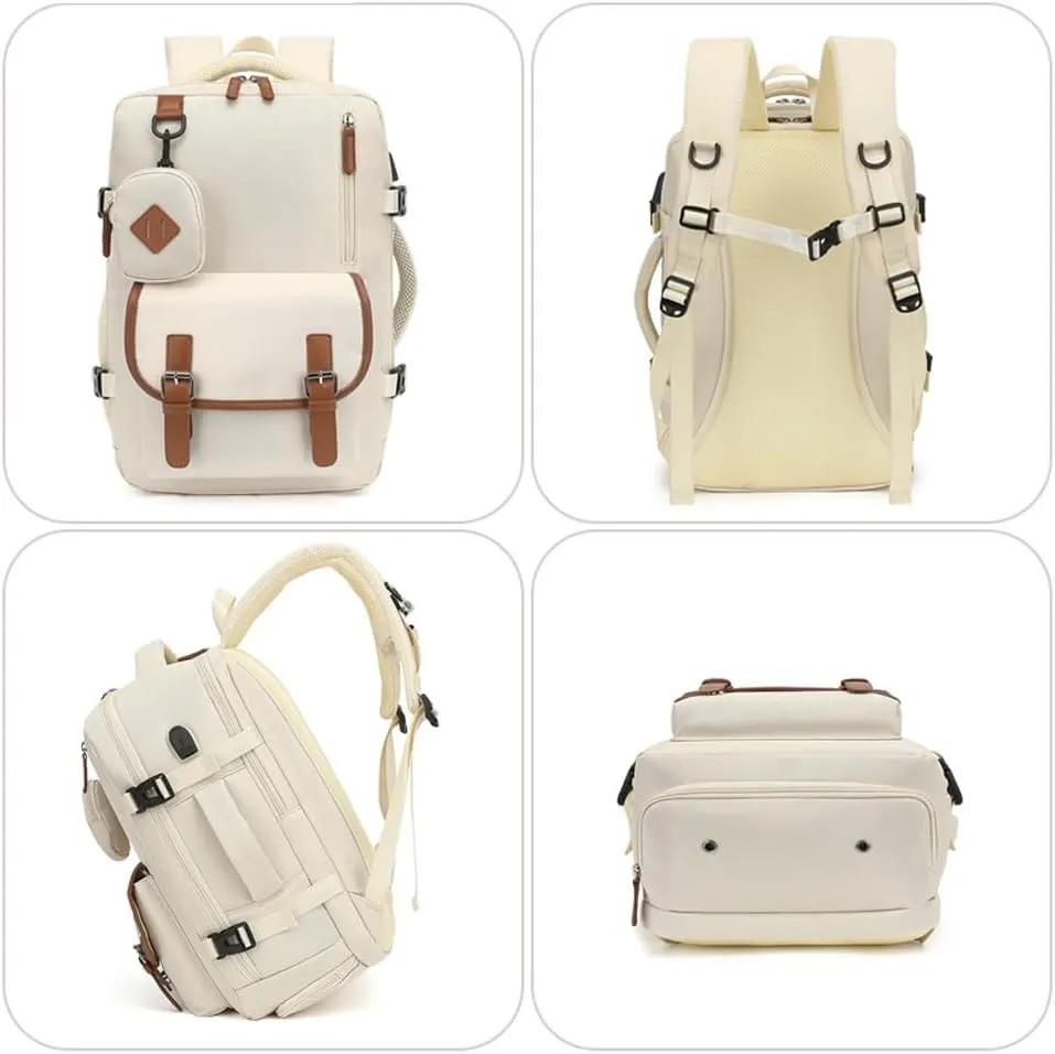 Women Travel Carry on Anti-Theft Pocket Laptop Backpack Casual Daypack ookbag with USB Charger Port Computer Bag (Beige)