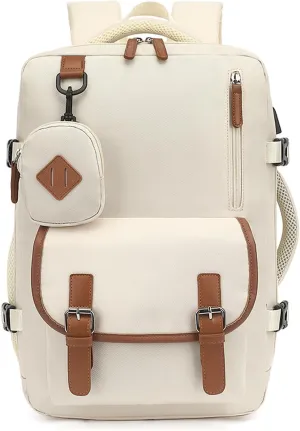 Women Travel Carry on Anti-Theft Pocket Laptop Backpack Casual Daypack ookbag with USB Charger Port Computer Bag (Beige)