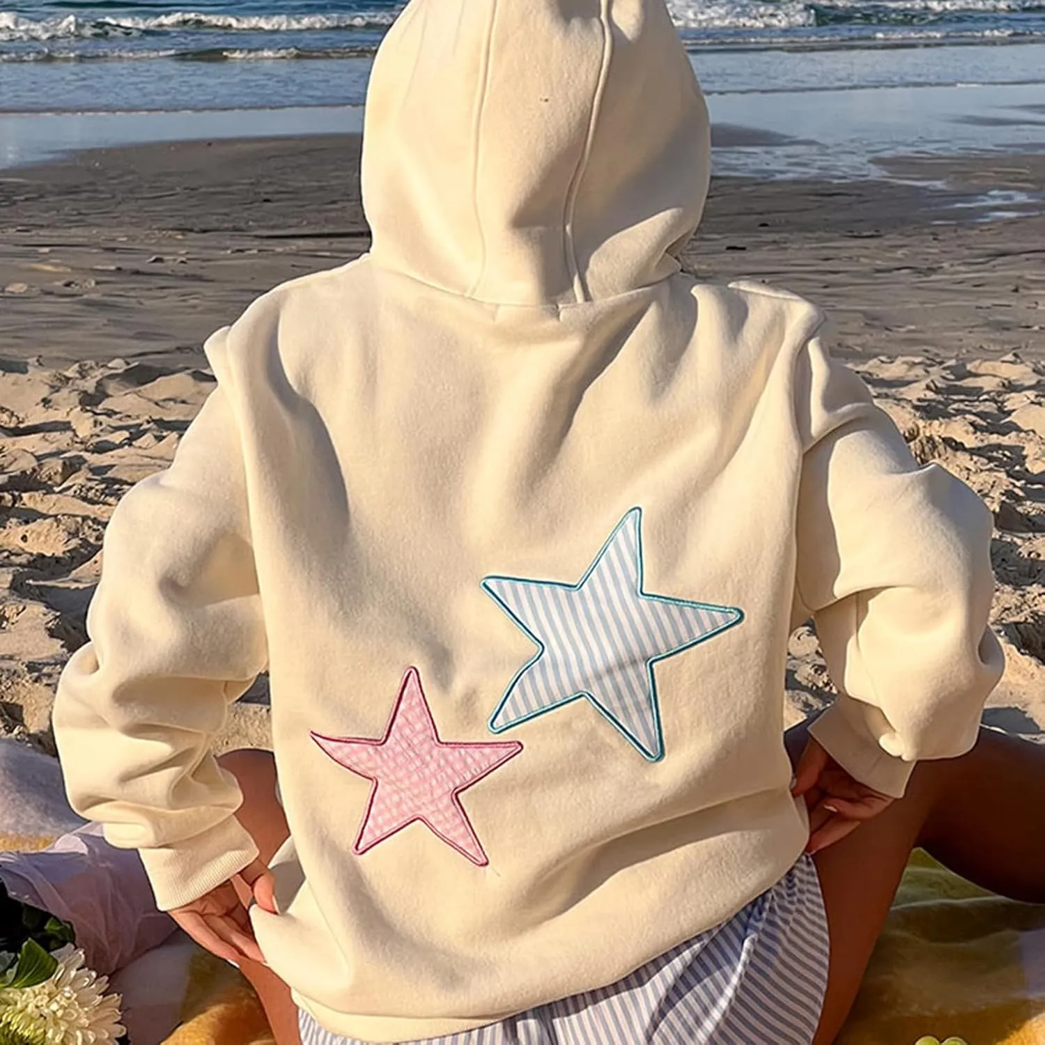 Women Y2k Hoodies Embroidery Star Graphic Oversized Sweatshirts Teen Girls Vintage Aesthetic Hooded Pullover Sweater