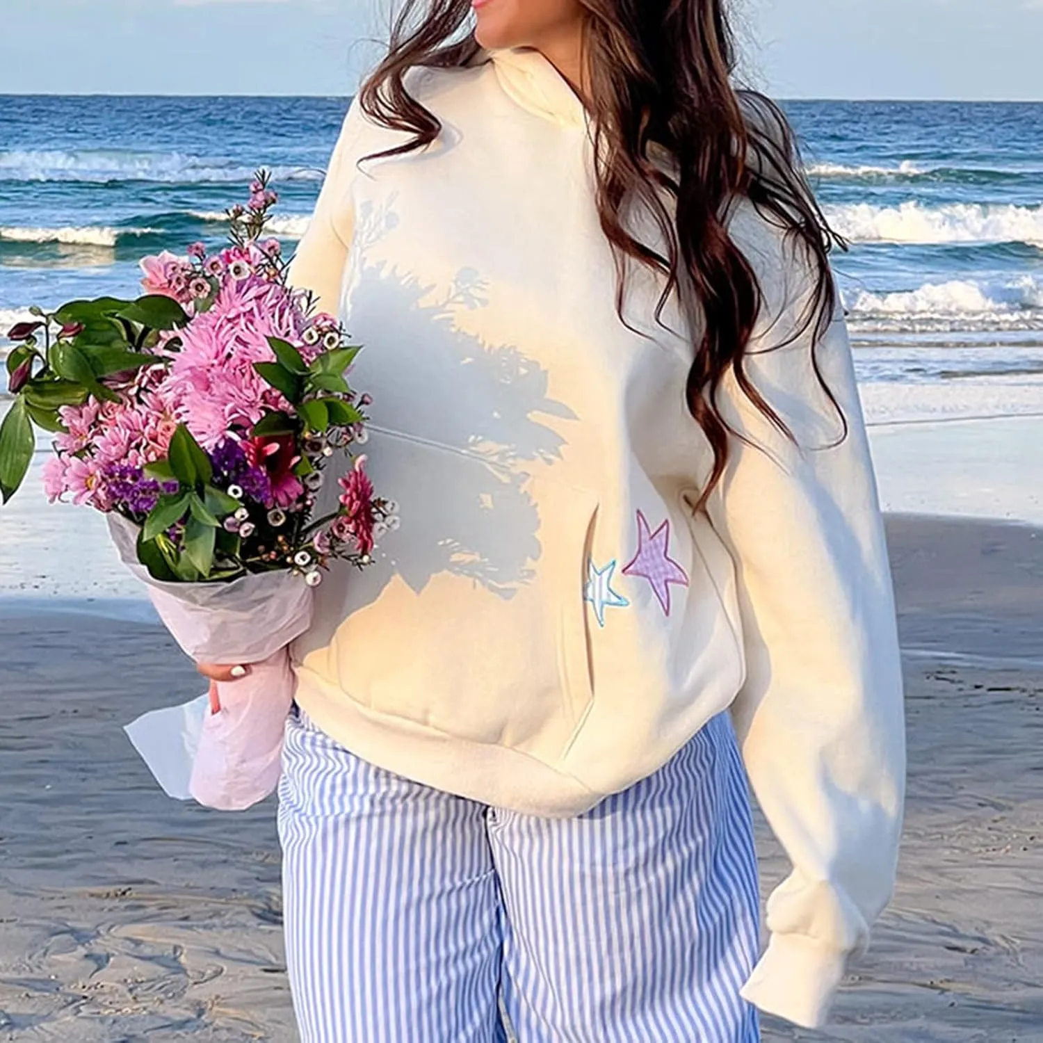 Women Y2k Hoodies Embroidery Star Graphic Oversized Sweatshirts Teen Girls Vintage Aesthetic Hooded Pullover Sweater