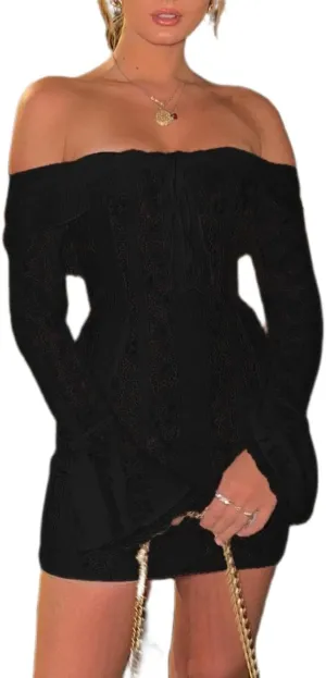 Women Y2k Lace Long Sleeve Short Dress Vintage Off Shoulder Mini Dress Ruffle Flowy Bodycon Dress Clubwear