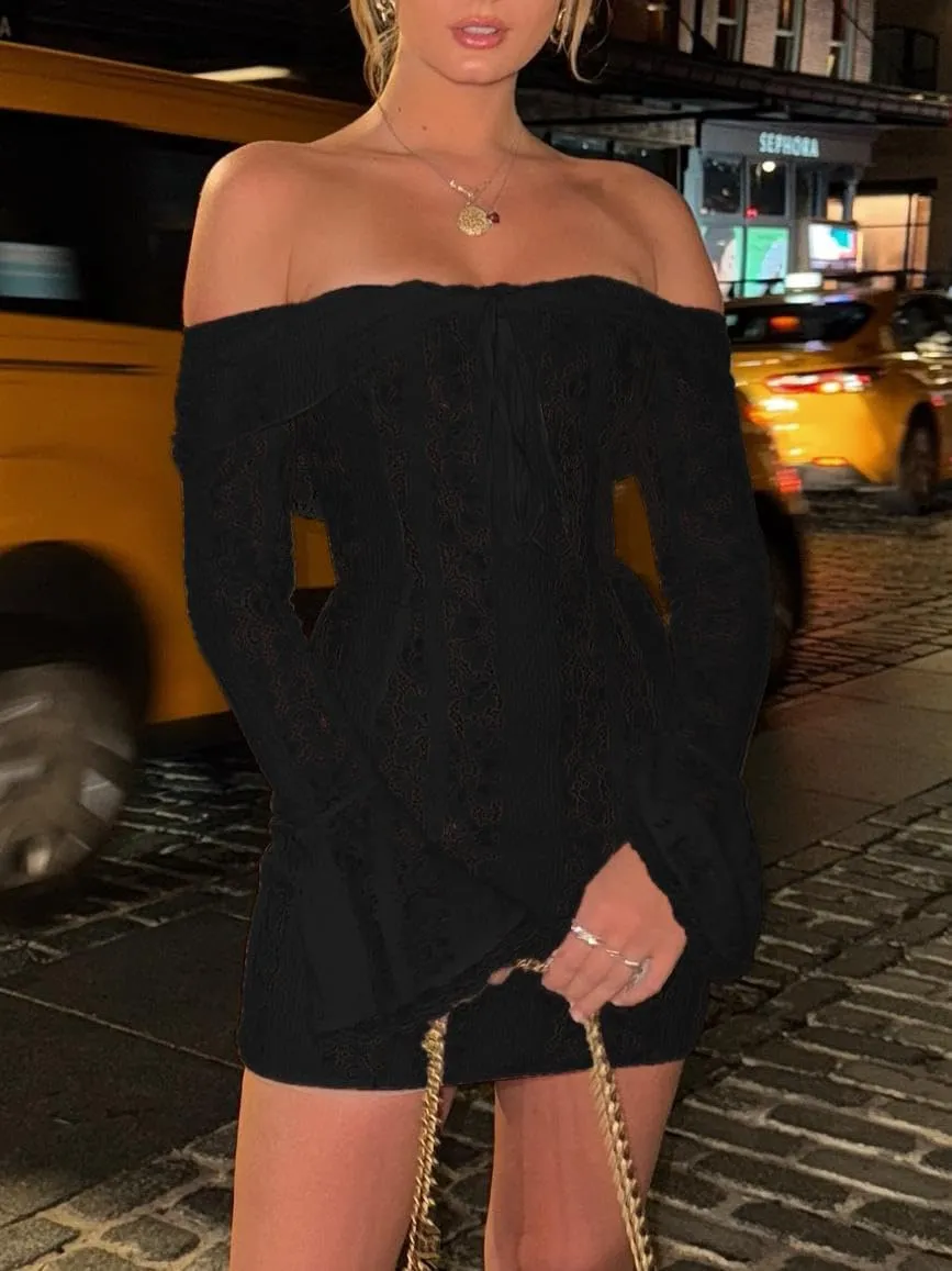 Women Y2k Lace Long Sleeve Short Dress Vintage Off Shoulder Mini Dress Ruffle Flowy Bodycon Dress Clubwear