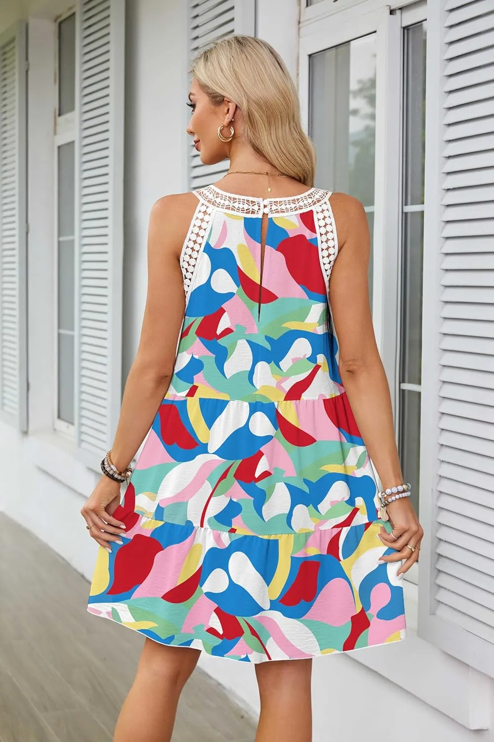Women's 2024 Summer Halter Dress, Boho Sleeveless Sundress, Casual Flowy Beach Vacation A-line Loose Mini Sun Dress