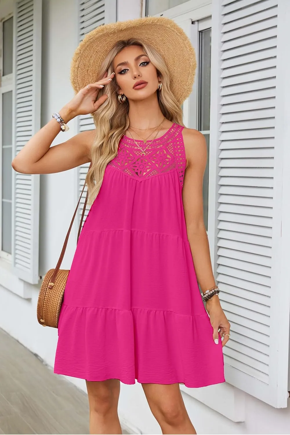 Women's 2024 Summer Halter Dress, Boho Sleeveless Sundress, Casual Flowy Beach Vacation A-line Loose Mini Sun Dress