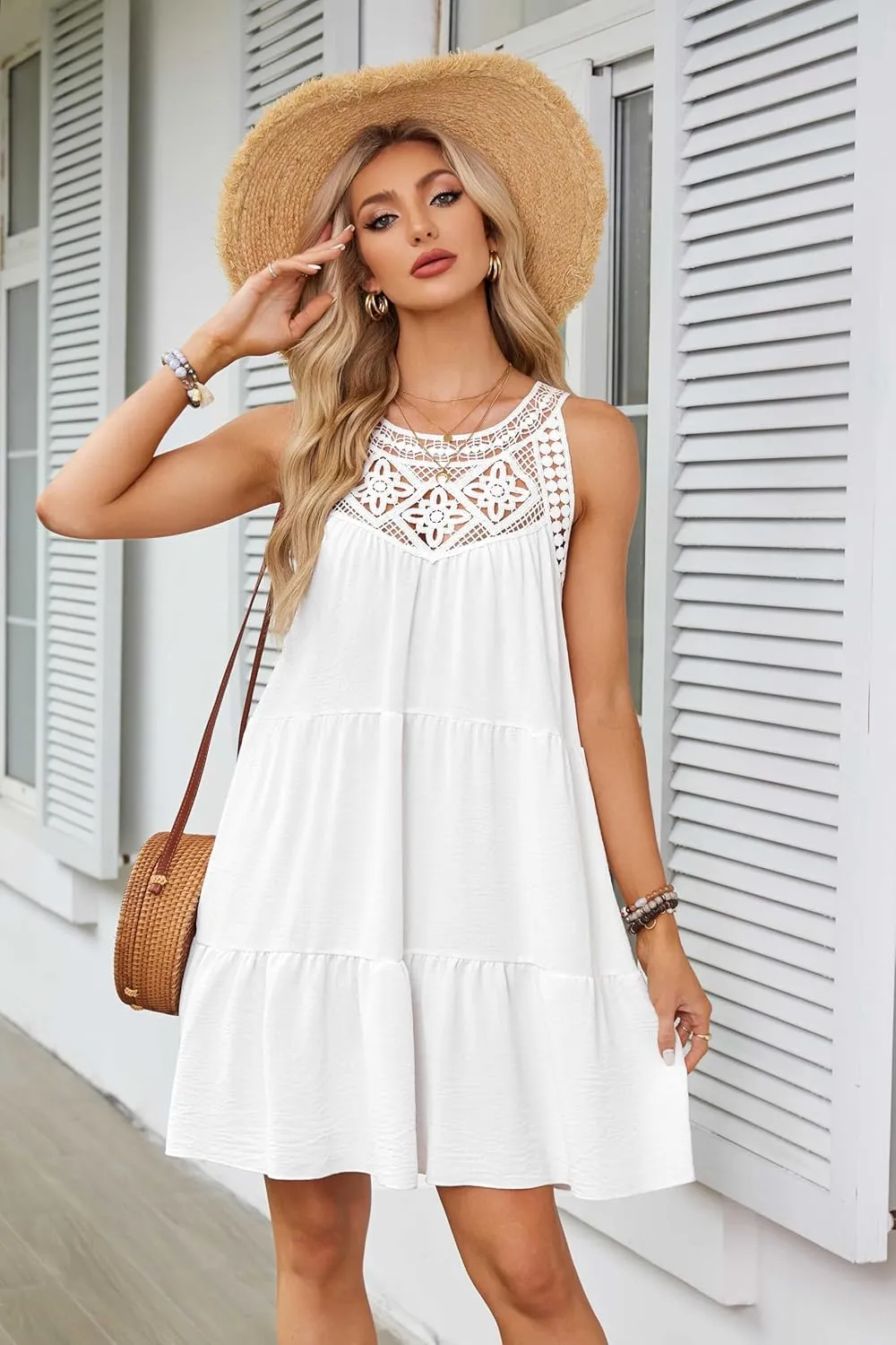 Women's 2024 Summer Halter Dress, Boho Sleeveless Sundress, Casual Flowy Beach Vacation A-line Loose Mini Sun Dress