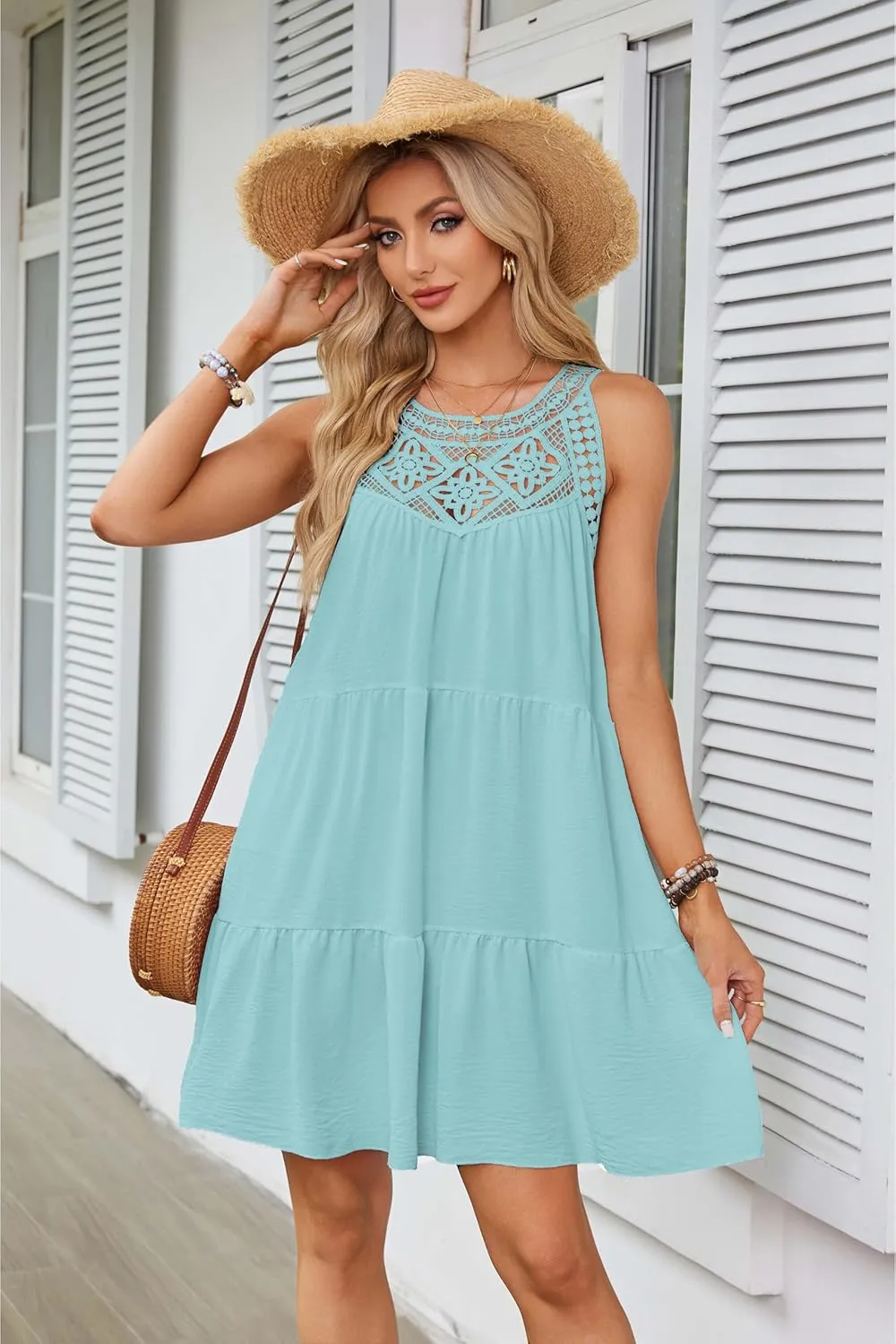 Women's 2024 Summer Halter Dress, Boho Sleeveless Sundress, Casual Flowy Beach Vacation A-line Loose Mini Sun Dress